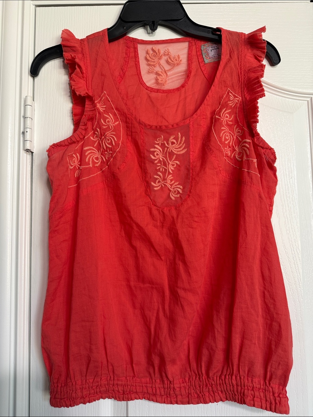 Free People Coral Red Embroidered Ruffle Tank